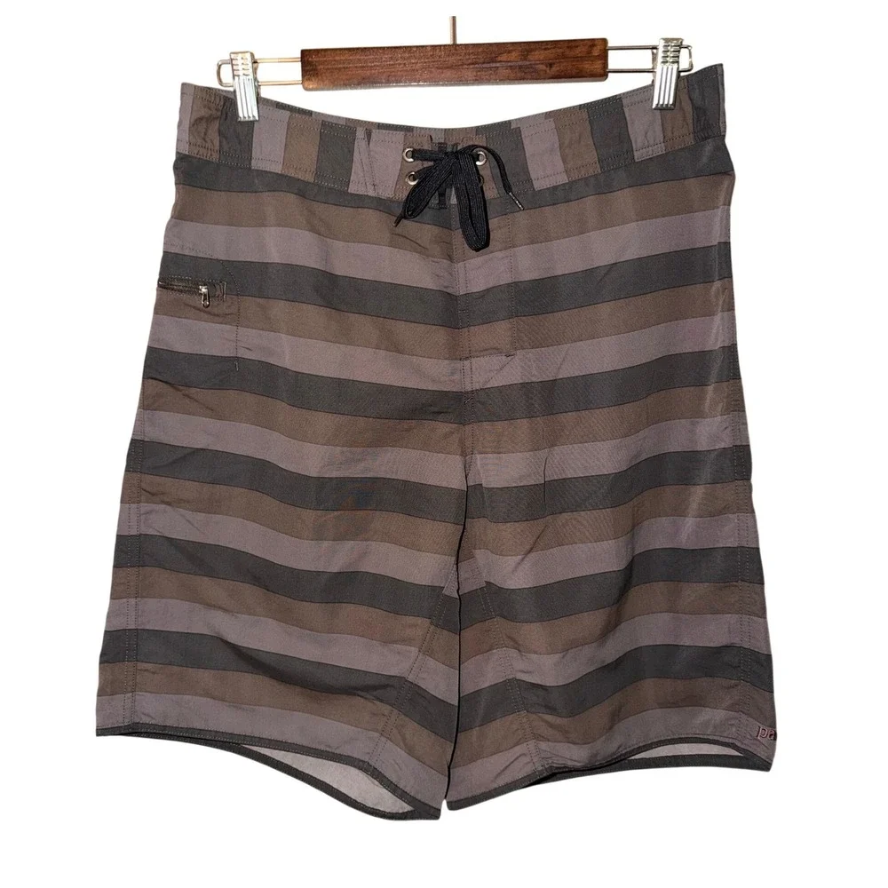 Patagonia Board Shorts Mens 34 Black Grey Striped Swim Trunks Surf Zipper Pocket